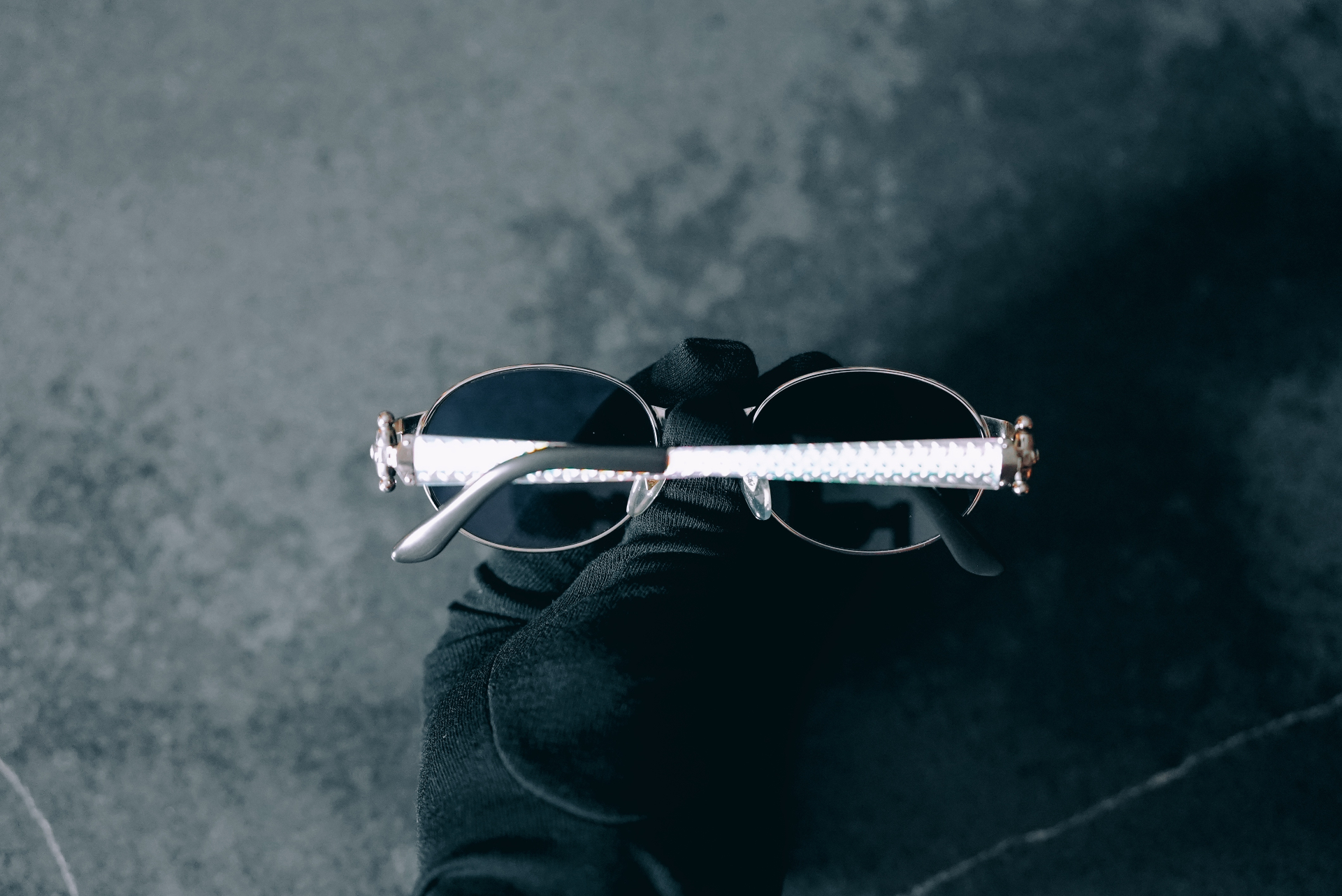 Vintage Jean Paul Gaultier 56-6104 oval — top-down view showing the diamond-plate textured temples.