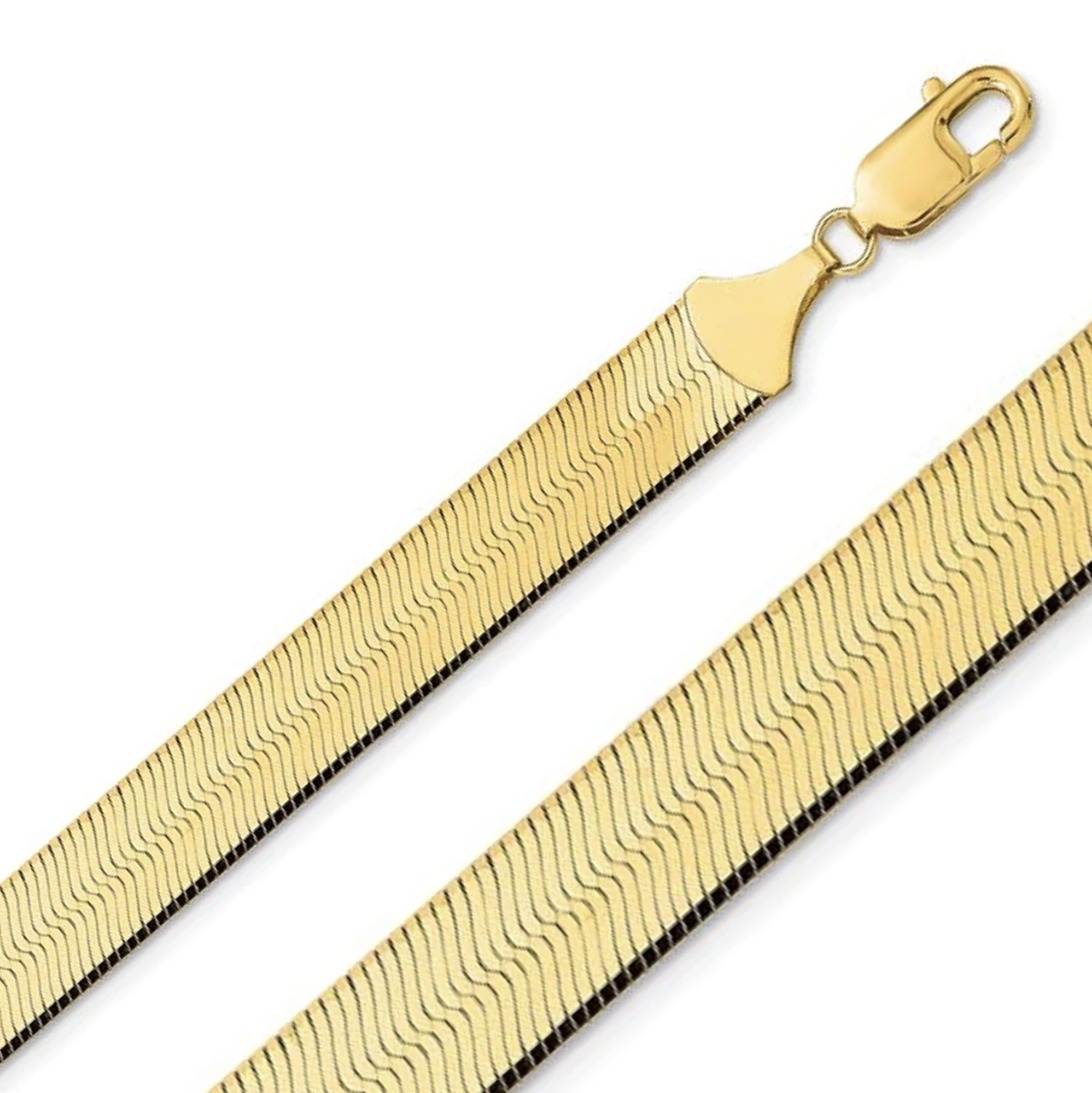 Close view of the 12mm 10K yellow gold herringbone links and lobster clasp
